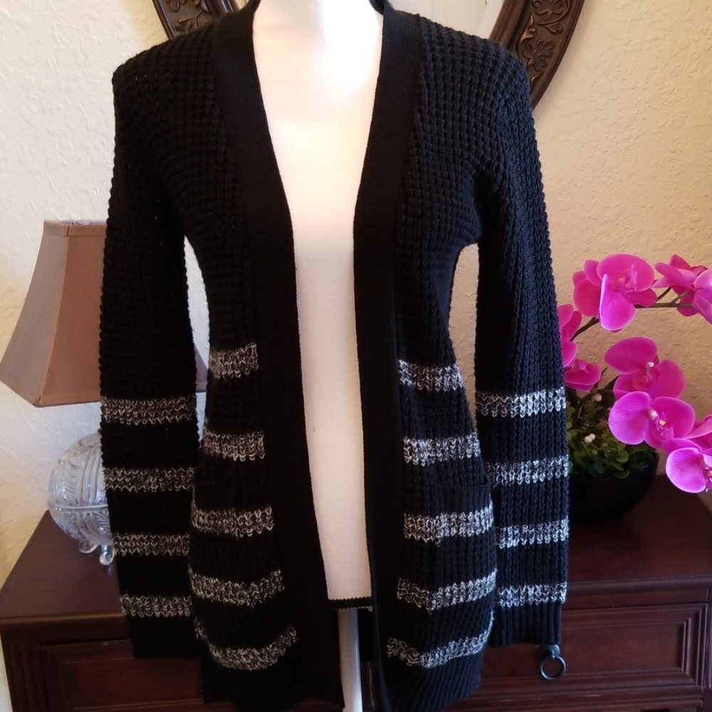 Black gray & white striped cardigan